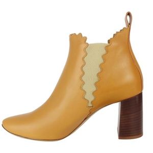 Chloe Lauren Peanut Butter Scalloped Leather Stacked Heel Chelsea Boots